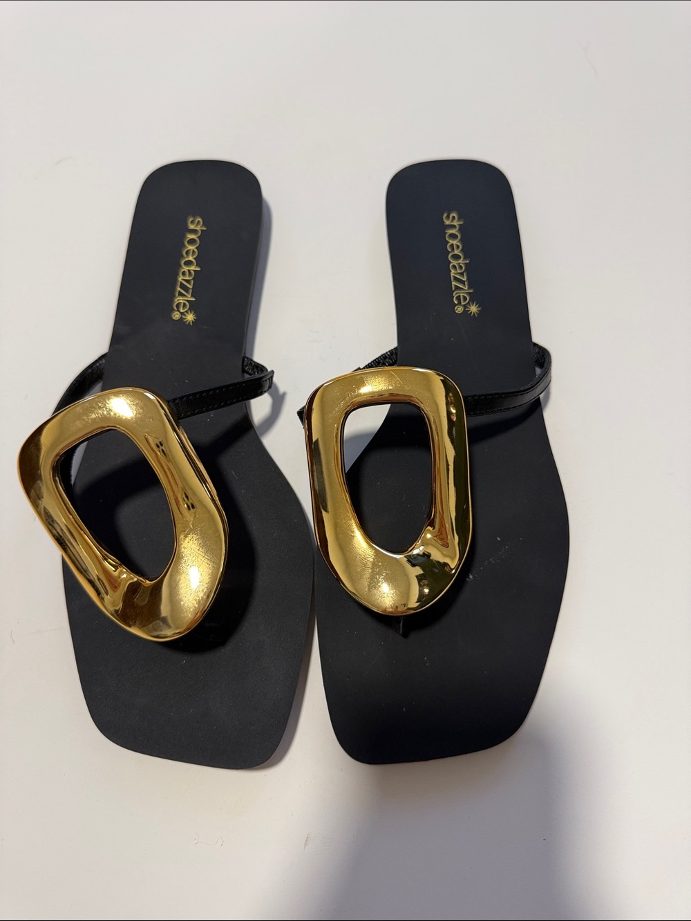 Shoe Dazzle Black Flip Sandals with Gold Hardware